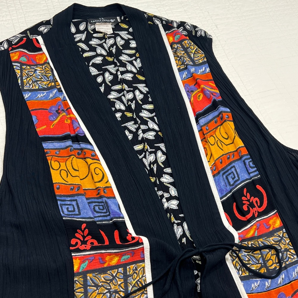 Carole Little Vintage Mixed Print Rayon Tie Front Vest Black Multi Size 24
